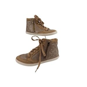 Guess High Top Sneakers 8.5 Tan Gold Glitter Quilted Studded Side Zip Moto Retro